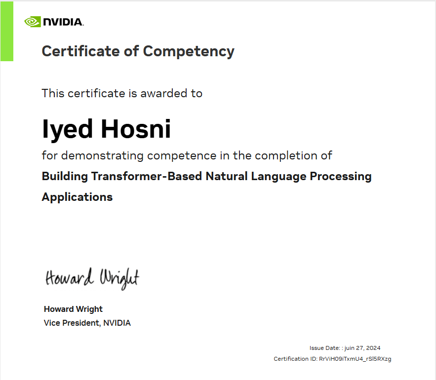 NVIDIA Certificate of Competency in Building Transformer-Based NLP Applications — Iyed Hosni