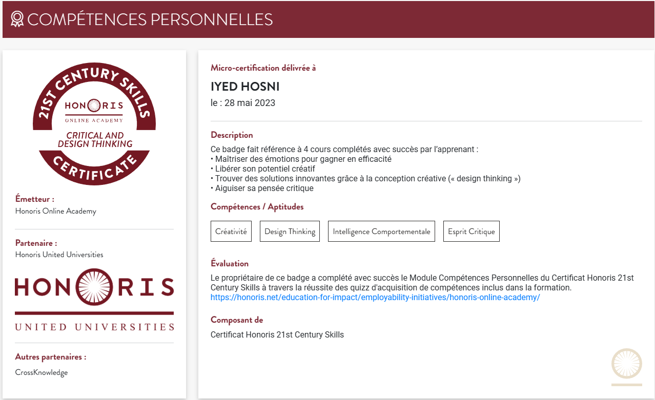 Honoris 21st Century Skills Critical & Design Thinking Certificate — Iyed Hosni