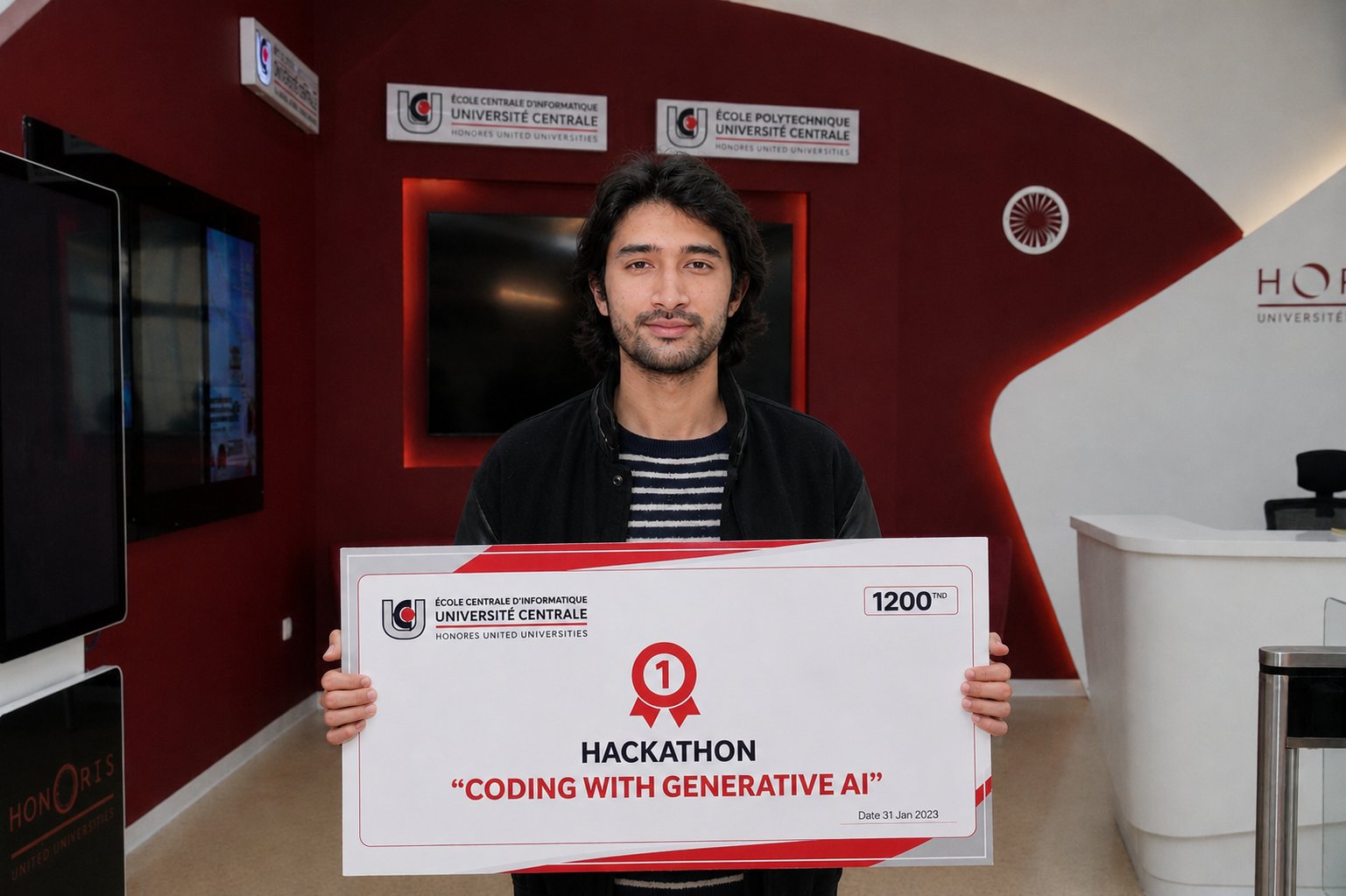 Iyed Hosni holding the 1st place Hackathon championship trophy at Université Centrale